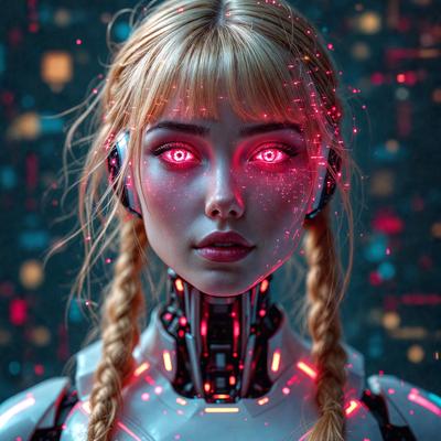The primary subject of the image is a woman with a ponytail, wearing a white outfit and a futuristic headpiece. The setting is a dark room with a backdrop of a neon-colored background. The visual style is a combination of photo and digital art, creating a unique and intriguing atmosphere. The colors and mood are predominantly dark and mysterious, with the neon colors adding a touch of brightness and interest to the scene.